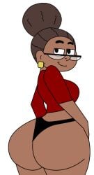 1girls ass ass_focus big_ass black_thong brown_hair dark-skinned_female dark_skin earrings ec-707 female female_focus female_only glasses hair looking_at_viewer looking_back nate_is_late principal principal_prudence red_shirt teacher transparent_background wide_hips