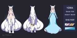 7_tails accessory animal_humanoid bell braided_hair breasts canid canid_humanoid canine canine_humanoid clawed_fingers clothed clothing dress eyebrow_through_hair eyebrows female fluffy fluffy_tail fox fox_humanoid front_view fur genitals hair hair_accessory hi_res humanoid long_hair mammal mammal_humanoid model_sheet multi_tail nude off/on paws pussy rear_view smile solo standing tail thick_thighs toshik22 translucent translucent_hair white_body white_fur yzra