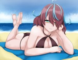 1girls ale_131 beach big_breasts bikini black_bikini brown_hair cleavage clouds day emikukis female female_focus female_only full_body highres indie_virtual_youtuber latam_virtual_youtuber legs_up light-skinned_female light_skin looking_at_viewer lying_down ocean short_hair smiling smiling_at_viewer summer swimsuit thong_bikini two_tone_hair virtual_youtuber vtuber vtuberfanart water