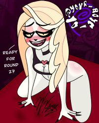 barely_clothed black_eyes black_nails blonde_hair boob_window charlie_morningstar_(hazbin_hotel) clothing demon demon_girl dripping female hazbin_hotel looking_at_viewer talking_to_viewer wifeyvoo