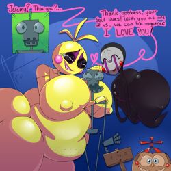1boy 2girls afraart android android_boy android_girl animatronic animatronic_female animatronic_girl ass balloon_boy_(fnaf) big_ass big_breasts big_butt breasts chubby chubby_female fat fat_female five_nights_at_freddy's five_nights_at_freddy's_2 floating flying happy_ending jeremy_fitzgerald marionette_(fnaf) possession post_digestion post_vore puppet_(fnaf) topless topless_female toy_chica_(fnaf)