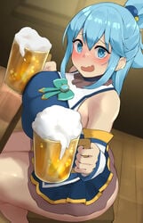 1girls alcohol aqua_(konosuba) aqua_hair ass beer beer_glass big_breasts blue_eyes blue_hair blush dress female female_only kono_subarashii_sekai_ni_shukufuku_wo! nopan shy skirt tavern thick_thighs xx682567