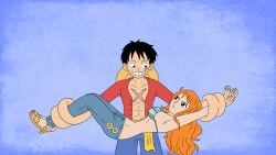 animated animated_gif belly_raspberries belly_tickling bellyvision bounded female laughing male monkey_d_luffy nami one_piece sfw tickling tickling_belly wholesome