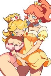 blonde_hair blue_eyes brown_hair crown cuddling exposed_pussy flower_earrings mario_(series) nintendo novaartistic princess_daisy princess_peach