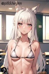 ai_generated animal_ear_fluff animal_ears arknights bangs bare_shoulders bikini blush breasts classroom closed_mouth collarbone desk female halterneck horse_ears indoors long_hair looking_at_viewer medium_breasts mole navel pikkiwynn platinum_(arknights) solo stomach string_bikini swimsuit upper_body white_bikini white_hair yellow_eyes