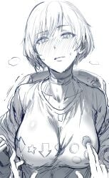 absurdres blush breast_poke breasts choker collarbone commentary covered_nipples female greyscale hews hews_hack highres jacket large_breasts long_sleeves looking_at_viewer monochrome motion_lines nipple_stimulation nipple_tweak off_shoulder open_clothes open_jacket poking reina_mishima short_hair sketch solo_focus tekken tekken_8