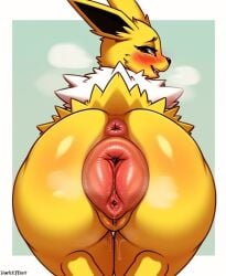 1girls ai_generated anus ass_focus bent_over blush canine_genitalia canine_pussy darkeffect eeveelution female female_only furry jolteon looking_at_viewer looking_back pokémon_(species) pokemon pokemon_(species) presenting_hindquarters pussy pussy_juice rear_view small_anus solo thigh_gap