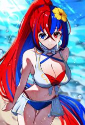 1girls alear_(female)_(fire_emblem) alear_(female)_(seaside_dragon)_(fire_emblem) alear_(fire_emblem) alternate_costume alternate_hairstyle bangle bikini blue_bikini blue_swimsuit bracelet breasts cleavage crossed_bangs female female_only fire_emblem fire_emblem_engage fire_emblem_heroes heterochromia highres jewelry large_breasts multicolored_clothes multicolored_hair nintendo official_alternate_costume official_alternate_hairstyle ponytail red_bikini red_hair red_swimsuit s_n_reon split-color_hair swimsuit two-tone_hair water waves white_bikini white_swimsuit
