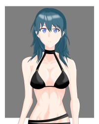 1girls alternate_costume bare_arms bare_midriff bare_shoulders bikini black_bikini black_swimsuit blue_eyes breasts byleth_(fire_emblem) byleth_(fire_emblem)_(female) collarbone expressionless female female_only fire_emblem fire_emblem:_three_houses fire_emblem_heroes hair_between_eyes large_breasts looking_at_viewer medium_hair midriff nintendo official_alternate_costume shoulders sideboob solo swimsuit teal_hair tsukyoillsut upper_body