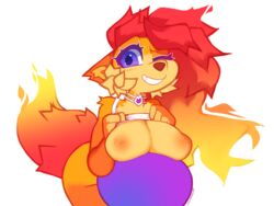 2021 absurd_res anthro anthrofied breast_rest breasts canid canine elemental_creature exposed_breasts female fire fire_creature firefox fox fur grin hi_res hiccupsdoesart looking_at_viewer mammal mascot one_eye_closed orange_body orange_fur purple_eyes smile solo