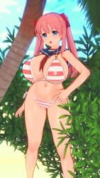 3d beach big_breasts bikini blue_eyes breasts_bigger_than_head female haramura_nodoka huge_breasts koikatsu original pink_hair public ribbon sailor_collar saki twintails vermelho_(artist) voluptuous voluptuous_female