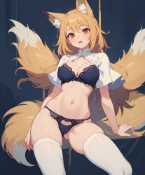 ai_generated animal_ears animal_girl animal_tail big_breasts big_breasts big_breasts bra breasts breasts breasts cleavage fox_ears fox_girl fox_tail fox_tails jorgecarlosai lingerie lingerie_bra lingerie_only lingerie_panties multiple_tails navel open_mouth orange_eyes orange_fur orange_hair panties tail thighhighs thighs underwear