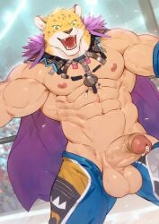 abs animal_mask anubiskruger balls big_muscles bodily_fluids erection felid fighting_ring genital_fluids genitals human jaguar king_(tekken) male male_focus male_only mammal mask muscular muscular_male open_mouth pantherine pecs penis precum solo solo_male sweat tekken vein veiny_penis wrestler