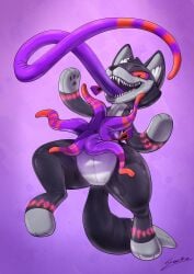 absurd_res animate_inanimate anthro button_eyes canid canine canis corrupt_fluffshie digital_media_(artwork) grey_body hi_res latex living_plushie long_tongue male male_only mammal nordic_runes open_mouth plushie purple_background purple_tentacles purple_tongue simple_background smile sockodrawing solo tail teeth tentacle tongue tongue_out wolf zipper zipper_mouth