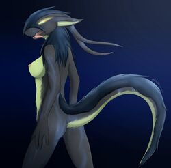 anthro ass black_body black_fur blue_body blue_fur blue_hair breasts dragon female fur furred_dragon giru giru_(artist) glowing glowing_eyes hair hand_on_leg hand_on_thigh hi_res horn long_hair looking_at_viewer looking_back nipples raised_tail solo tongue tongue_out yellow_body yellow_eyes yellow_fur