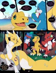 agumon anthro ass bandai_namco beach blue_tail closed_eyes digimon digimon_(species) emanata erection fur genitals group hi_res impmon male meraence outside page_4 penis renamon seaside veemon water wet wet_body yellow_body yellow_fur