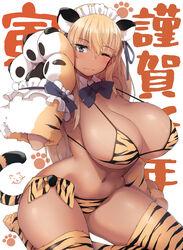 1girls 2022 belly big_breasts bikini bikini_bottom bikini_top blonde_hair blue_eyes blush bow breasts cleavage eyebrows_visible_through_hair eyelashes fangs female female_focus female_only japanese_text kuronyan legwear looking_at_viewer maid_headdress navel one_eye_closed seiza simple_background solo solo_female thick_thighs thighs tiger_paws tiger_print tiger_print_bikini tiger_print_legwear tiger_tail white_background