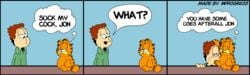 bodily_fluids comic dialogue domestic_cat duo english_text felid feline felis fellatio forced garfield_(series) garfield_the_cat gay genitals hi_res human inprogress interspecies jon_arbuckle male male/male mammal oral penile penis sex sucking tears text yaoi