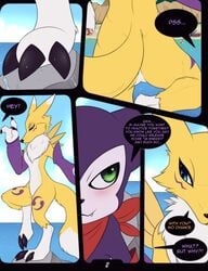 1boy1girl anthro armwear ass bandai_namco beach claws clothing comic digimon digimon_(species) female genitals hi_res impmon meraence mostly_nude on_one_leg page_2 purple_armwear purple_clothing pussy rear_view renamon seaside standing