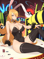 1girls bare_shoulders barleyshake big_breasts black_legwear black_leotard blonde blonde_hair breasts bunny_ears bunny_girl bunnysuit casino cleavage clothed clothed_female cynthia_(pokemon) detailed_background female grey_eyes hair_ornament hair_over_one_eye huge_breasts knee_up large_breasts leotard long_hair looking_at_viewer pokemon shoulders sitting sitting_on_desk smile solo thick thick_thighs thighhighs thighs tight_clothing