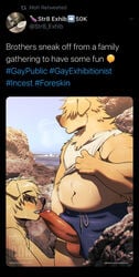 anthro balls beach belly blonde_hair blush blush_lines bodily_fluids brother brothers canid canine canis catsudon clothed clothing clothing_lift domestic_dog duo erection foreskin_bite fur gay genitals hair hair_over_eyes hi_res humanoid humanoid_genitalia humanoid_penis incest male male/male male_only mammal penis rock sea seaside sibling sweat swimwear twitter water yaoi yellow_body yellow_fur