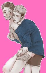 2boys almost_naked attack_on_titan brunet freckles gay jean_kirstein male male/male male_only marco_bodt nekon nipple_pinch nipple_play shared_clothes sharing_clothes shingeki_no_kyojin surprised undressing yaoi