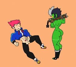 1boy 1girls ass balls bat bibi_(brawl_stars) brawl_stars colt_(brawl_stars) female fingerless_gloves green_skin male penis santiago951 zombibi_(brawl_stars) zombie