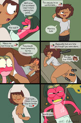 amphibia amphibia_(series) amphibian anne_boonchuy anus ass black_eyes blush breasts brown_hair caluriri clothing comic disney english_text frog genitals hair heart hi_res human leaf leaf_in_hair male mammal masturbation nipples open_mouth panties phone pink_body pussy semi-anthro size_difference sound_effects spa sprig_plantar straight_hair teenage_girl text towel_around_waist towel_only towel_wrap underwear vaginal_masturbation vaginal_penetration