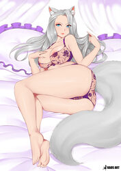 absurdres animal_ear_fluff animal_ears aqua_eyes areola_slip areolae artist_name ass bangs bare_shoulders barefoot bed bed_sheet bra breasts character_request cleavage closed_mouth collarbone curtains eyebrows_visible_through_hair eyelashes feet female hair_twirling hand_on_breast highres indoors kaos_art lace lace_bra lace_panties large_breasts long_hair lying makeup mascara on_bed on_side original original_character panties parted_bangs pillow purple_bra purple_panties sidelocks silver_hair smile soles solo tail thighs toes underwear underwear_only very_long_hair wolf_ears wolf_girl wolf_tail