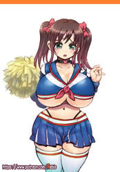 1girls big_breasts bimbo bimbo_body black_hair brown_hair brunette cheerleader embarrassed female female_only green_eyes hourglass_figure huge_ass huge_breasts momoka_(rebis) original_character pale-skinned_female rebis solo tagme thick_thighs thighhighs wide_hips