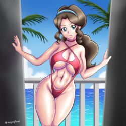 absurdres aqua_eyes assymptoad beach bikini blue_hairband breasts brown_hair choker cleavage creatures_(company) eyelashes female game_freak hairband highres long_hair milf mother_(pokemon_bw) nintendo one-piece_swimsuit open_mouth palm_tree pokemon pokemon_(game) pokemon_bw sidelocks sling_bikini sling_swimsuit slingshot_swimsuit solo swimsuit underboob wide_hips