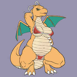 1:1 2019 anthro big_breasts bikini bikini_bottom bikini_top breasts clothing crouching dragonite female green_eyes hand_behind_head hi_res lord_magicpants membrane_(anatomy) membranous_wings navel nintendo nipple_outline orange_body pokémon_(species) pokemon pokemon_(species) scalie simple_background smile solo swimwear thick_thighs video_games wings