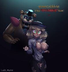 animatronic breasts cum cum_on_breasts cum_on_face duo english_text female five_nights_at_freddy's five_nights_at_freddy's:_security_breach freddy_(fnaf) glamrock_freddy_(fnaf) green_eyes horror human lord_moku male nipples pussy scary scary_face tagme text torn_clothes vanessa_(fnaf)