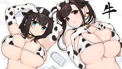 2girls big_breasts bikini bikini_top brown_eyes brown_hair cleavage cow_print cow_print_bikini duo duo_focus female female_focus looking_at_viewer omizu_(h2o) original upper_body