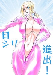 1girls absurd_res blonde_hair blue_eyes breasts cameltoe catsuit choker cleavage female_only gloves hand_on_waist highres large_breasts looking_at_viewer namco navel nina_williams no_bra pink_catsuit solo solo_female tekken tekken_4 translation_request white_gloves yuri-ai zipper_down