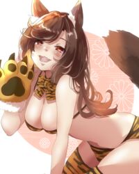 absurdres animal_ears animal_print bikini breasts brown_hair fake_claws female gumi_(fwjn7284) highres kagerou_imaizumi large_breasts long_hair neck_ribbon oerba_yun_fang red_eyes ribbon smile solo swimsuit tail tiger_print touhou wolf_ears wolf_girl wolf_tail