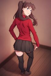 1girls black_hair black_skirt blue_eyes fate/stay_night fate_(series) from_behind jacket looking_at_viewer looking_back red_jacket shoes skirt solo stockings tohsaka_rin tohsaka_rin twintails zoryc