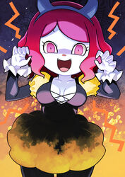 2021 animal_crossing animal_crossing_girl animal_crossing_new_horizons breasts cleavage demon demon_girl demon_horns dress halloween halloween_costume looking_at_viewer mob_face muramasa_mikado murana_(muramasa_mikado) nintendo only_player open_dress open_dress_shirt pink_eyes pink_hair scary smile smiling_at_viewer spooky teeth villager_(animal_crossing) white_skin