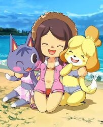 3girls accurate_art_style animal_crossing animal_crossing_girl animal_crossing_new_horizons anthro beach bikini hugging isabelle_(animal_crossing) looking_at_viewer mob_face muramasa_mikado murana_(muramasa_mikado) nintendo photo rosie_(animal_crossing) smiling source_request vacation villager_(animal_crossing) year_request