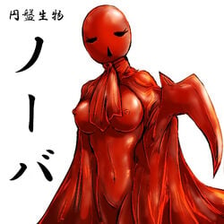 alien black_eyes erect_nipples female first_porn_of_character japanese_text kaiju large_breasts monster no_humans no_pupils nova_(ultraman) rakkokun_tondoru red_skin scarf solo ultraman_(franchise)