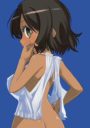 almost_naked ass black_hair blush brown_eyes clothing dark_skin female looking_at_viewer muramasa_mikado murana_(muramasa_mikado) solo tanned tanned_girl tanned_skin towel