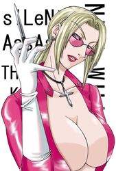 1girls 2d artist_request blonde_hair blue_eyes breasts catsuit cross_necklace ear_piercing eyebrows_visible_through_hair female female_only holding_knife large_breasts long_sleeves looking_to_the_side namco nina_williams pink-tinted_eyewear pink_catsuit pink_lipstick pink_sunglasses ponytail solo solo_female sunglasses tekken tekken_4 tinted_eyewear white_gloves