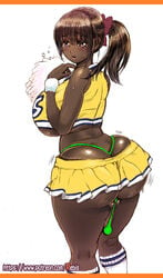 1futa 2015 ass back back_view balls big_ass big_breasts breasts brown_hair cheerleader clothed clothing cock-tail dark-skinned_futanari dark_skin erection futa_only futanari green_thong human looking_back mostly_clothed penis purple_eyes rebis solo standing tagme thick_thighs tisha_(rebis) wide_hips