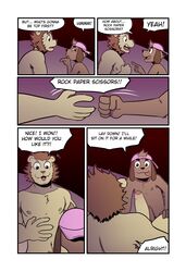 5_fingers :3 absurd_res anthro armpit_hair backwards_baseball_cap backwards_hat baseball_cap body_hair brown_body brown_fur canid canine canis chest_tuft clothing comic dialogue domestic_dog duo english_text fangs felid fingers foreskin fur genitals hat headgear headwear hi_res humanoid_genitalia humanoid_hands humanoid_penis lion male male/male mammal nipples pantherine penis pink_baseball_cap playing_game rock_paper_scissors text tolok tongue tongue_out tuft yellow_body yellow_fur