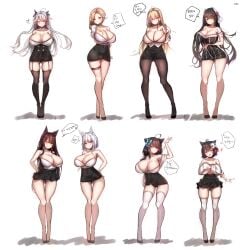 ! 6+girls ahoge akagi_(azur_lane) animal_ears arms_behind_back azur_lane bare_shoulders black_hair black_panties black_skirt blonde_hair blue_eyes blush breasts choker cleavage collarbone crossed_arms crossed_legs curvy extra_ears eyebrows_visible_through_hair floating_hair flower full_body fusou_(azur_lane) garter_straps geonjeonji hair_between_eyes hair_flower hair_ornament hair_ribbon hairband hands_on_hips heart hiei_(azur_lane) high_heels highres hood_(azur_lane) huge_breasts kaga_(azur_lane) korean_text lifted_by_self long_hair looking_at_viewer multiple_girls north_carolina_(azur_lane) panties pantyhose parted_lips pencil_skirt pleated_skirt prinz_eugen_(azur_lane) red_eyes ribbon short_hair side-tie_panties silver_hair simple_background skirt smile speech_bubble spoken_exclamation_mark standing take_your_pick thigh_strap thighhighs tongue tongue_out twintails underwear white_background white_hair white_legwear wide_hips yamashiro_(azur_lane)