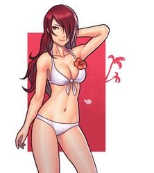 1girls absurd_res alternate_costume artist_logo atlus bikini breasts female flat_belly flower hi_res long_hair mitsuru_kirijo navel one_eye_covered persona persona_3 pose red_eyes red_hair slim_waist solo swimsuit vj99 white_bikini