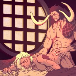 2boys anal anal_penetration anal_sex asteriapiovra bara black_hair gay horns kaido_(one_piece) king_(one_piece) male_focus male_only muscular_male one_piece size_difference small_sub_big_dom tagme white_hair yaoi