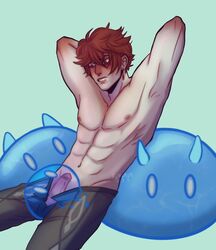 1boy blue_eyes blush bound genshin_impact hydro_slime_(genshin_impact) liquid male_focus male_only muscular_male orange_hair saliva slime slime_(genshin_impact) slime_penetrated tartaglia_(genshin_impact) tentacle tentacle_sex