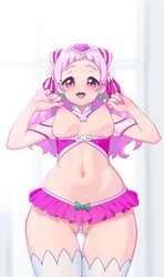 absurdres ass_visible_through_thighs bangs beads breasts cameltoe clothing clover_earrings cure_yell female from_below hair_cones hair_ornament highres hugtto!_precure japanlara long_hair looking_at_viewer magical_girl mascot microskirt midriff nail_polish navel nipple_tweak nipples nono_hana nypdesu open_mouth pink_eyes pink_hair pink_skirt precure pretty_cure self_fondle skirt small_breasts solo standing stockings teeth thick_eyebrows thick_eyelashes thighhighs upper_teeth upskirt young younger_female