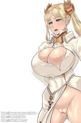 1girls about_to_burst alternate_version_available big_breasts blonde_hair breasts_bigger_than_head cleavage exposed_pussy expressionless female female_only hourglass_figure nier:_automata overflowing_breasts purple_eyes pussy rebis shaking tagme twintails white_background yorha_commander